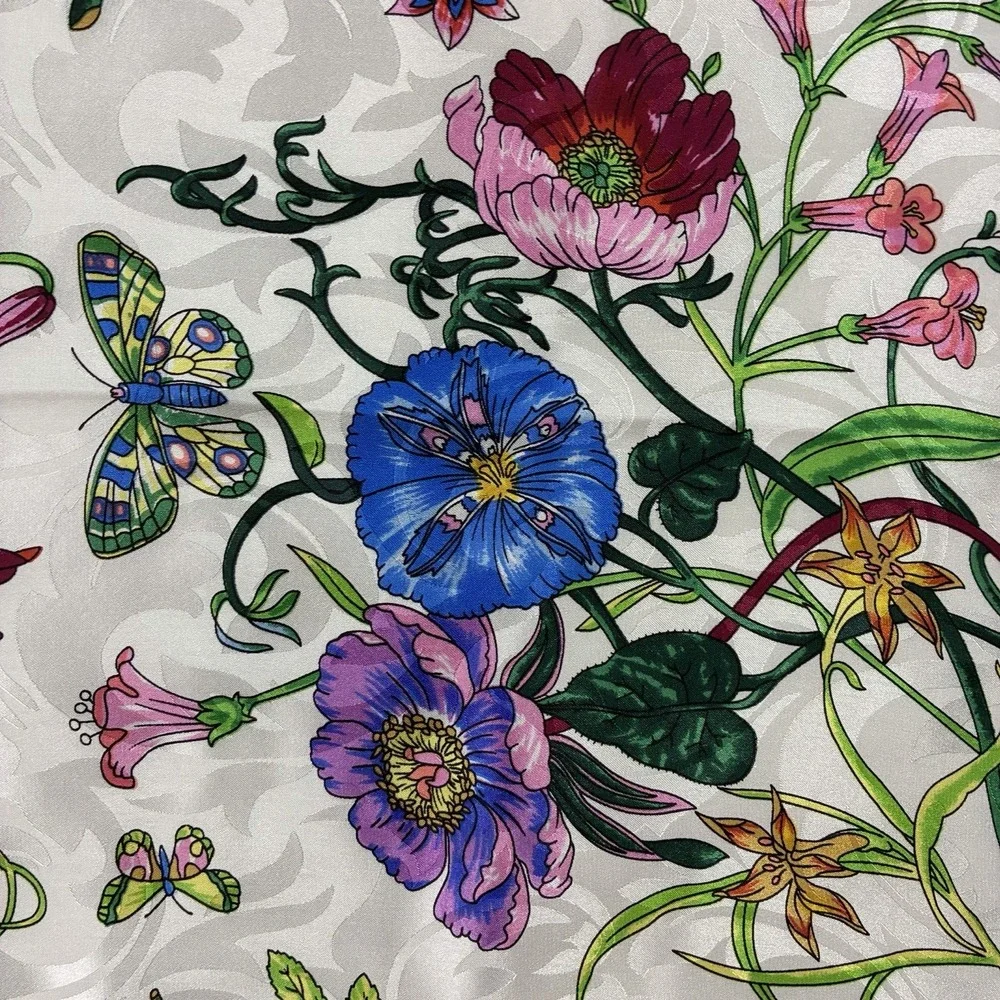 Floral Botanical 100% Silk Large Square Scarf Royal Blue Rolled Hem34